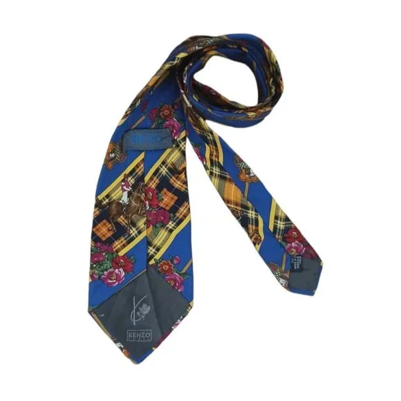 KENZO PARIS Blue Floral Equestrian Silk Tie ITALY 59"/ 4" EC - Picture 3 of 9